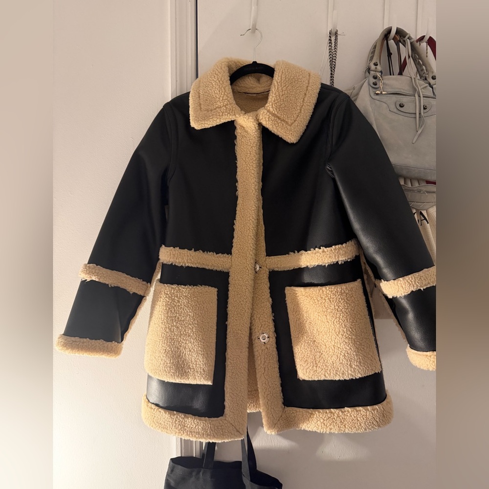 Topshop Black and Tan Faux Leather/Shearling Jacket reversible